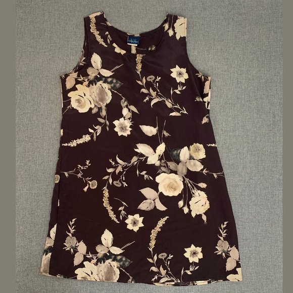 Vintage Studio Floral Shift Dress Brown & Cream Large 100% Polyester Lightweight - Picture 1 of 11